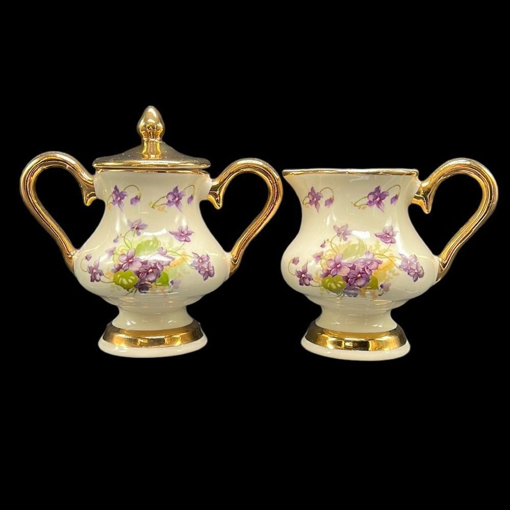Sugar Bowl and Creamer Vintage Antique Reproduction 22 K Gold Cream Floral